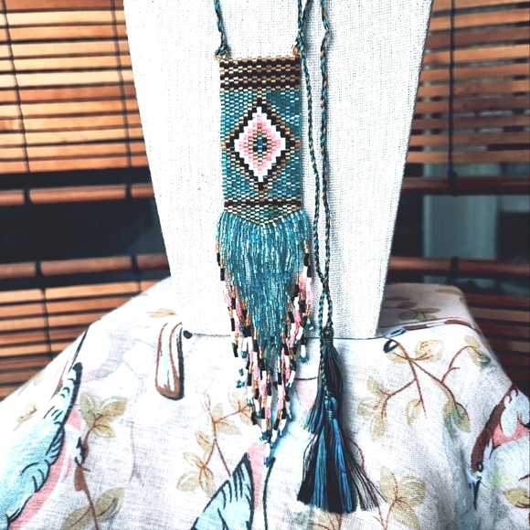 Light Blue Pink Black White Seed Bead Vintage Corded Slide Necklace Loom Work - Picture 10 of 12